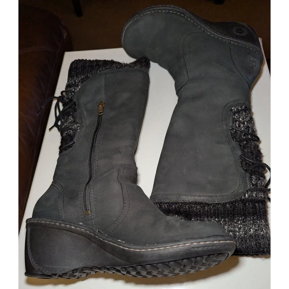 UGG Women's Skylair Tall Black Suede Leather Sheepskin Lined Wedge Boots Size 7 - Picture 10 of 11